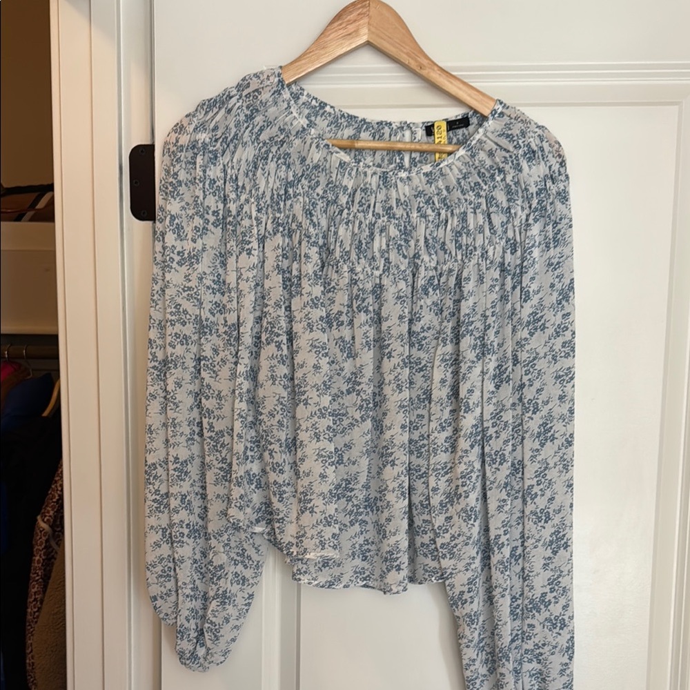 Very J Blue and White Smocked Long Sleeve Blouse